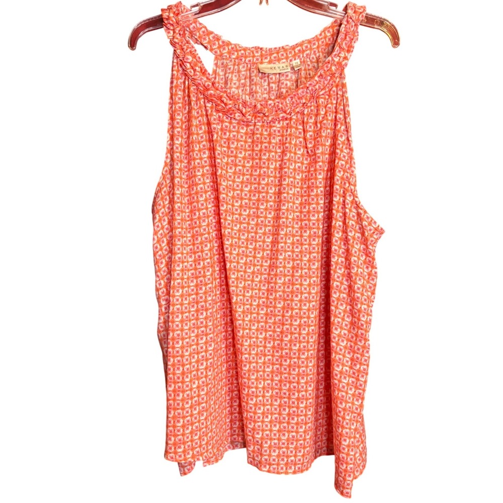 Kenar Woman Sleeveless Top Women 2X Orange Excellent Linen Blend Ruffle Neck